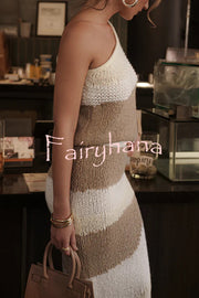 Soft Autumn Knit Colorblock One Shoulder Sleeve Ribbed Trim Loose Sweater