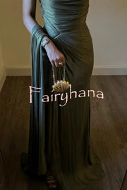 Fashion One-shoulder Pleated Ribbon Slim Slit Maxi Dress