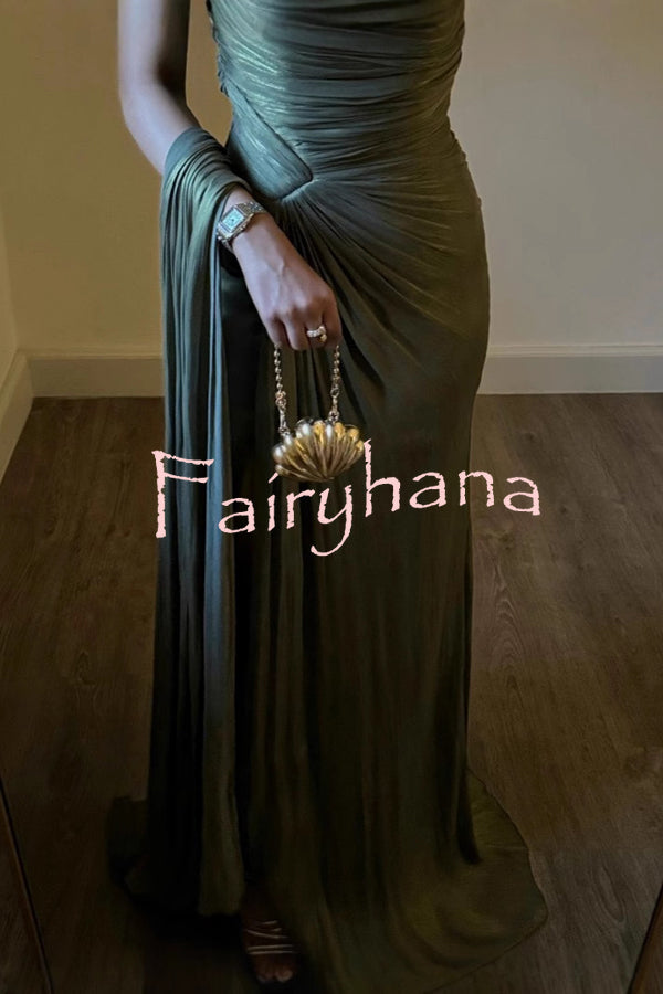 Fashion One-shoulder Pleated Ribbon Slim Slit Maxi Dress