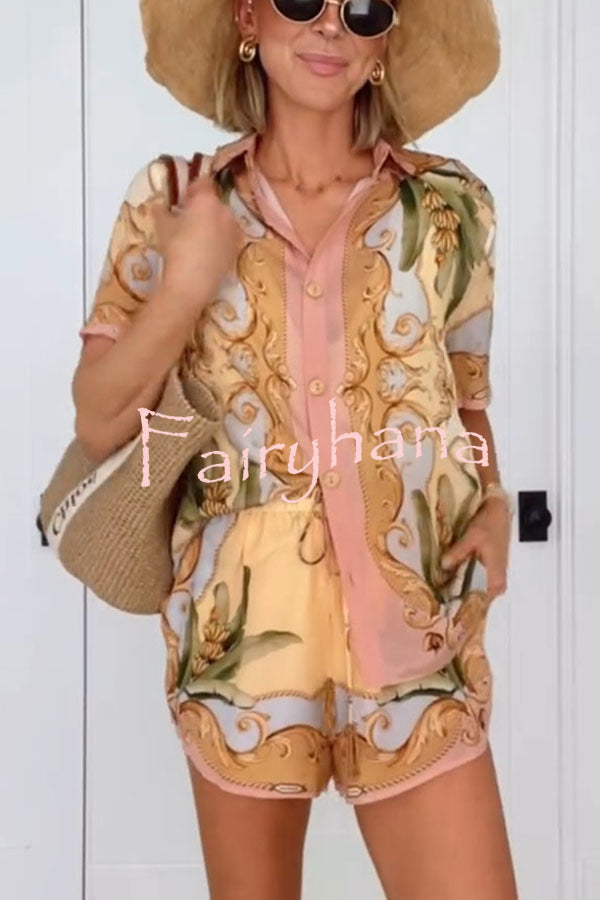 Royalty Unique Print Button Up Short Sleeve Shirt and Elastic Waist Pocketed Loose Shorts Set