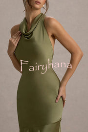 Timeless Sophistication Satin Cowl Detail Back Self-tie Halter Neck Maxi Dress
