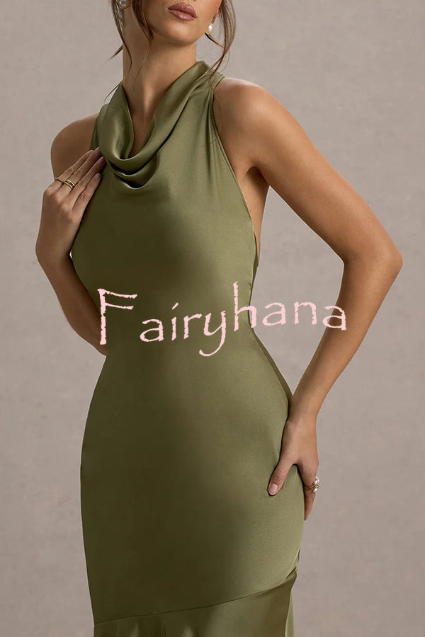 Timeless Sophistication Satin Cowl Detail Back Self-tie Halter Neck Maxi Dress