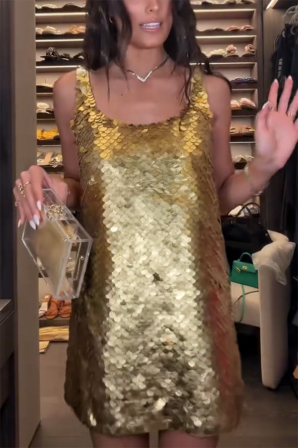 Golden Charm Impact Large Sequins Scoop Neck Tank A-line Mini Dress