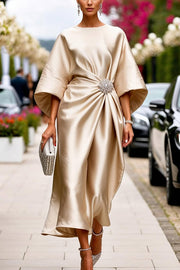 Satin Elegant Brooch Embellished Casual Round Neck Midi Dress