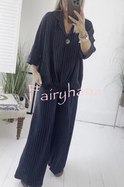 Fashion Striped Print Lapel Loose Top and Elastic Waist Casual Wide-leg Pants Set