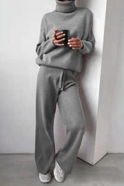 Solid Color Turtleneck Long-sleeved Knit Top and Elastic Waist Casual Pants Set