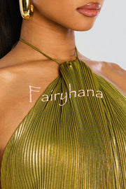 Glamorous Metallic Pleated Fabric Open Back Halter Slit Maxi Dress