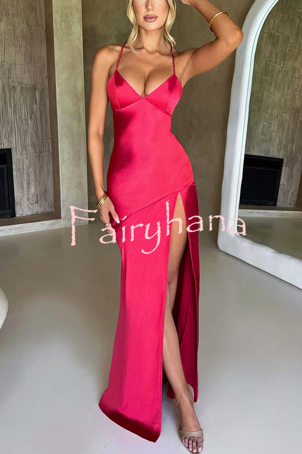 Satin Solid Color Sexy Backless Lace Up High Slit Maxi Dress