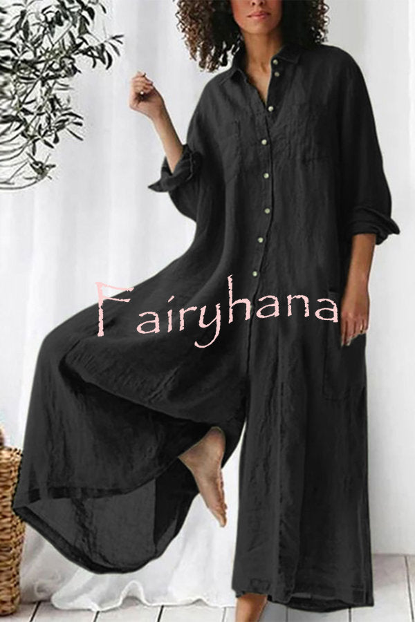 Amaris Cotton and Linen Blend Long Sleeve Loose Wide Leg Shirt Jumpsuit