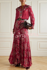 Unique Printed Chiffon Long-sleeved Loose Shirt and Elegant Ruffled Maxi Skirt Set
