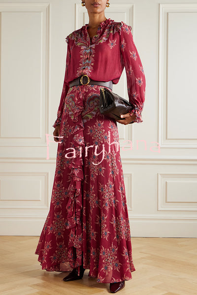 Unique Printed Chiffon Long-sleeved Loose Shirt and Elegant Ruffled Maxi Skirt Set