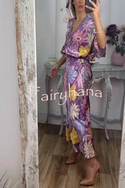 Satin Floral Print V-neck Half-sleeve Loose Top and Elegant Maxi Skirt Set