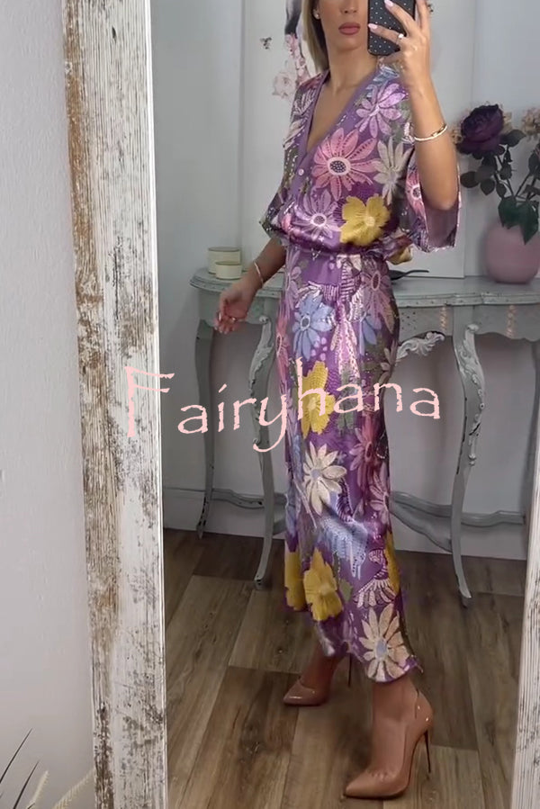 Satin Floral Print V-neck Half-sleeve Loose Top and Elegant Maxi Skirt Set