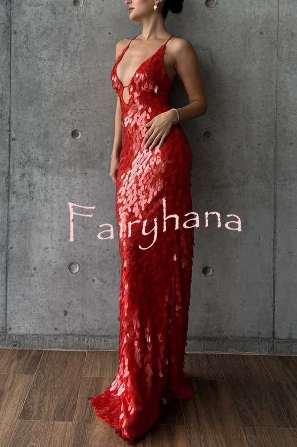 Reshape Beauty Fish Scale Sequin Cutout U-neck Slip Maxi Dress