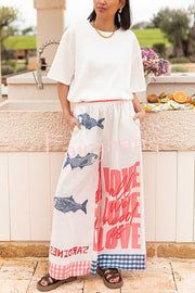 Unique Printed Elastic Waist Pocket Vacation Casual Wide Leg Pants