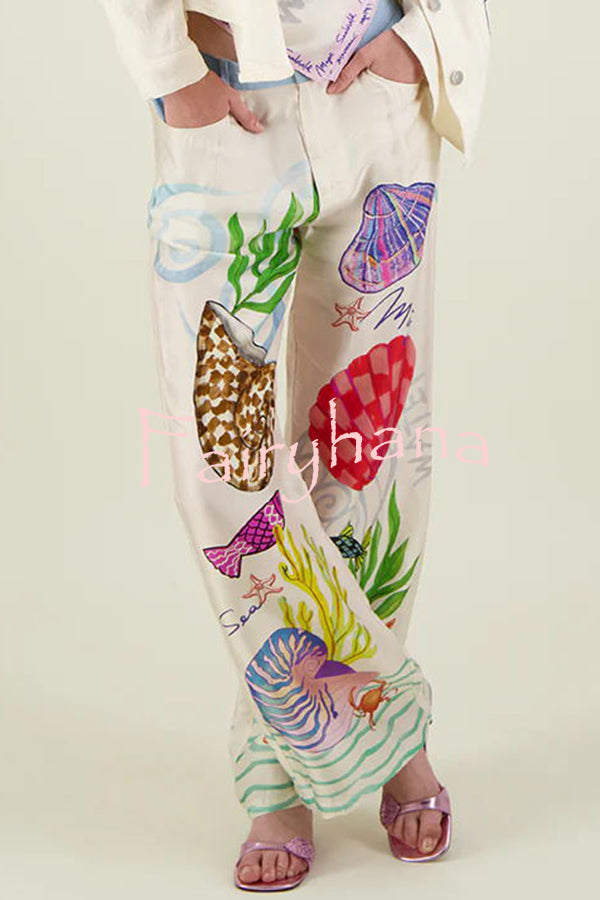 Dream Ocean Satin Unique Print Back Elastic Waist Pocketed Wide Leg Pants