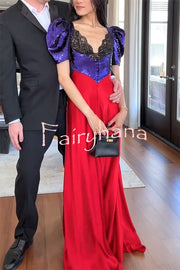 Like Snow White Sequin Lace Puff Sleeve Satin Hem Maxi Dress