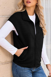 Solid Waffle Sleeveless Zipper Pocket Casual Vest