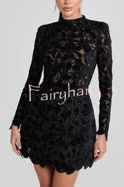 Lydia Embroidered Floral Lace Long Sleeve Belt Tulip Shaped Mini Dress