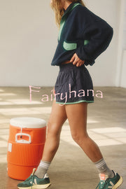 Fashion Contrast Color Stitching Stand Collar Long Sleeve Top and Elastic Waist Loose Pocket Shorts Set