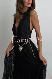 Fashionable Sheer Lace V-neck Backless Elegant Maxi Dress