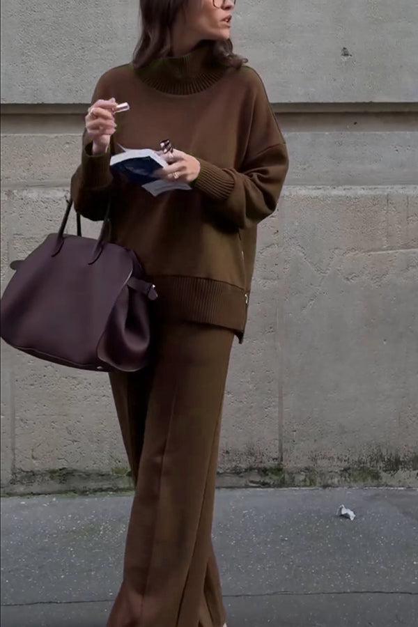 Double Soft Turtleneck Side Zipper Sweatshirt and Elastic Waist Pocketed Loose Pants Set