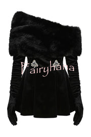 Stylish Velvet Off-shoulder Fitted Mini Dress and Fluffy Shawl, Velvet Gloves Three-piece Set