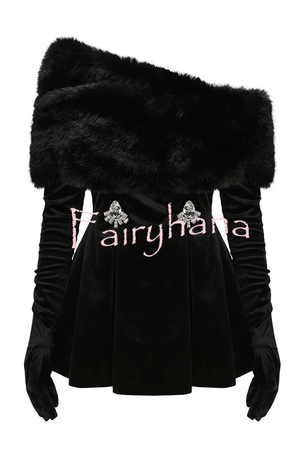 Stylish Velvet Off-shoulder Fitted Mini Dress and Fluffy Shawl, Velvet Gloves Three-piece Set