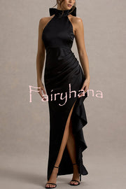 Maureen Satin High Neck Ruched Ruffle Slit Draped Maxi Dress