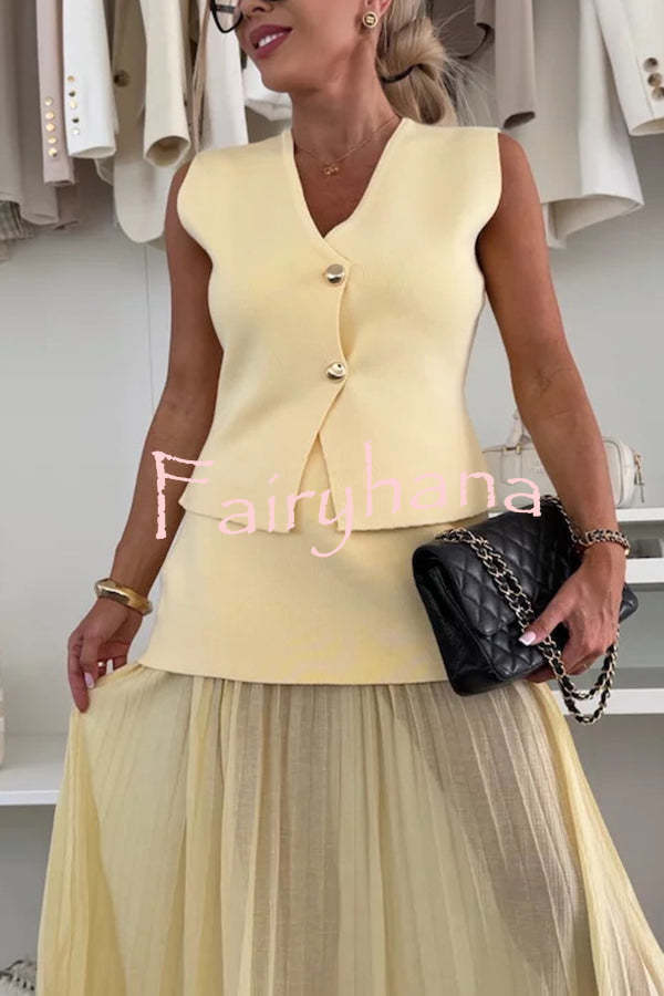 Stylish and Elegant Knit Gold Buttons V-neck Loose Vest