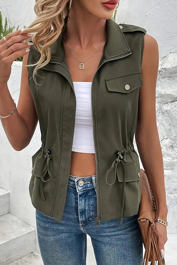 Fashionable Casual Zipper Drawstring Pocket Sleeveless Vest Jacket