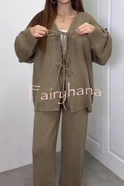 Solid Color V-neck Tie Long-sleeved Loose Knit Cardigan and Elastic Waist Casual Straight Leg Pants Set