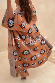 Mediterranean Art Knit Unique Sun Vortex Print Bell Sleeve Long Cardigan