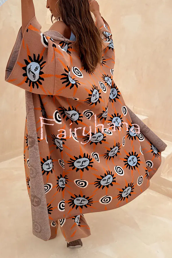 Mediterranean Art Knit Unique Sun Vortex Print Bell Sleeve Long Cardigan