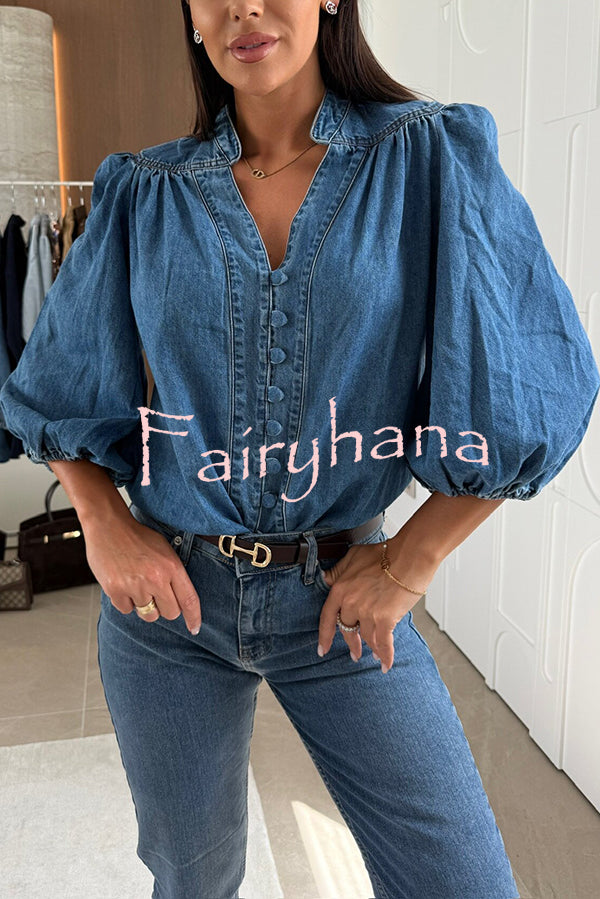 Fashion V-neck Button-down Lantern Sleeve Casual Denim Shirt