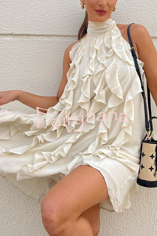Oh So Sweet Chiffon High Neck Ruffle Pleated A-line Mini Dress