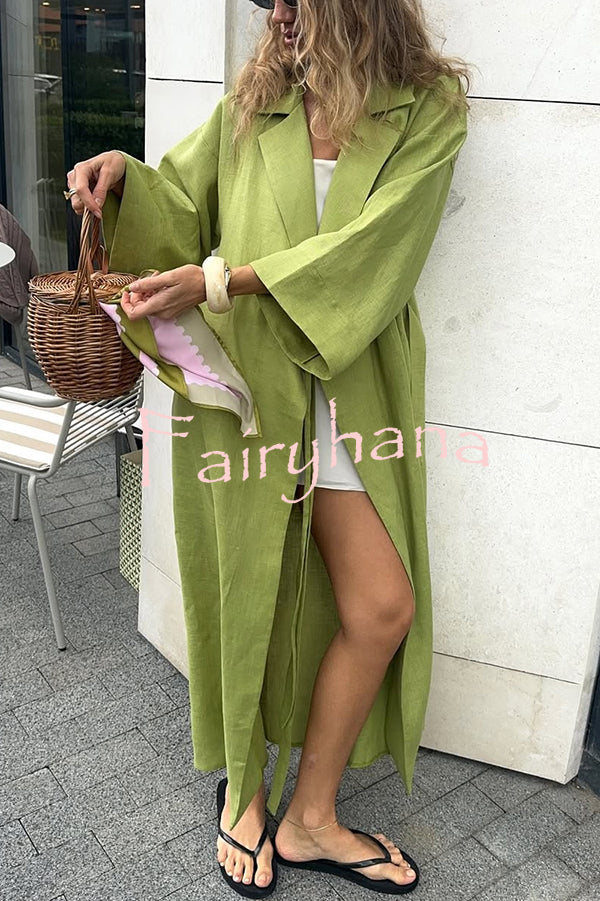 Linen Blend Solid Color Casual Lapel Tie Loose Maxi Dress