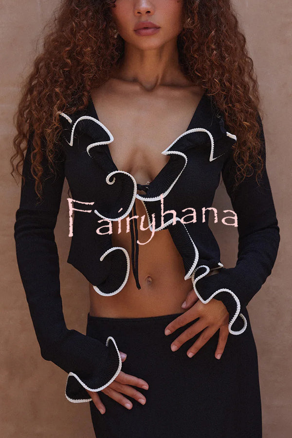 Fashion Ruffled Long-sleeved Tie-cropped Knitted Cardigan
