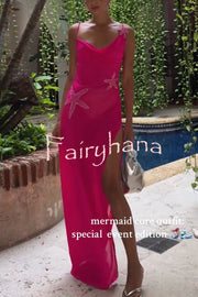 Mermaid Chiffon Starfish Sequin Asymmetric Neck Slit Maxi Dress