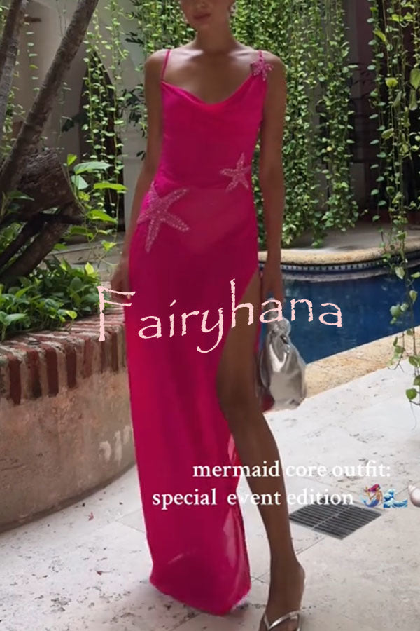 Mermaid Chiffon Starfish Sequin Asymmetric Neck Slit Maxi Dress