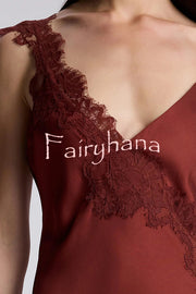 Sexy Lace Stitching Suspender V-neck Asymmetrical Maxi Dress