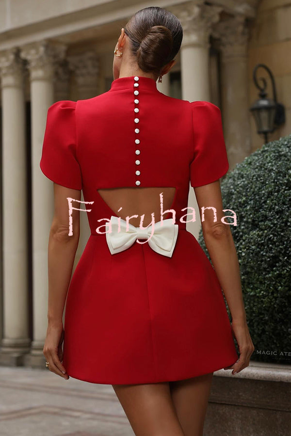 Sweet Moment Slit Short Sleeve Backless Removable Satin Bow Mini Dress