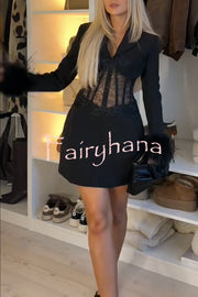 GIA Lace Corset Waist Feather Sleeve Structured Lapel Blazer Mini Dress