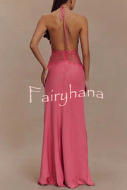 Seductive Details Satin Lace Waist Halter Tie-up Backless Maxi Dress