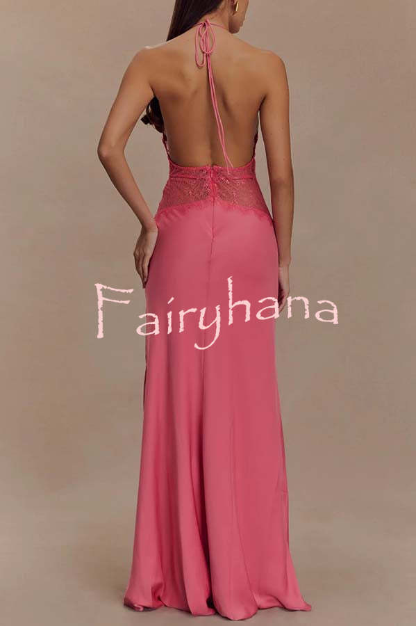 Seductive Details Satin Lace Waist Halter Tie-up Backless Maxi Dress