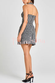 Mila Check Bouclé-tweed Fabric Halter Sweetheart Neck Gold Button Pocketed Mini Dress