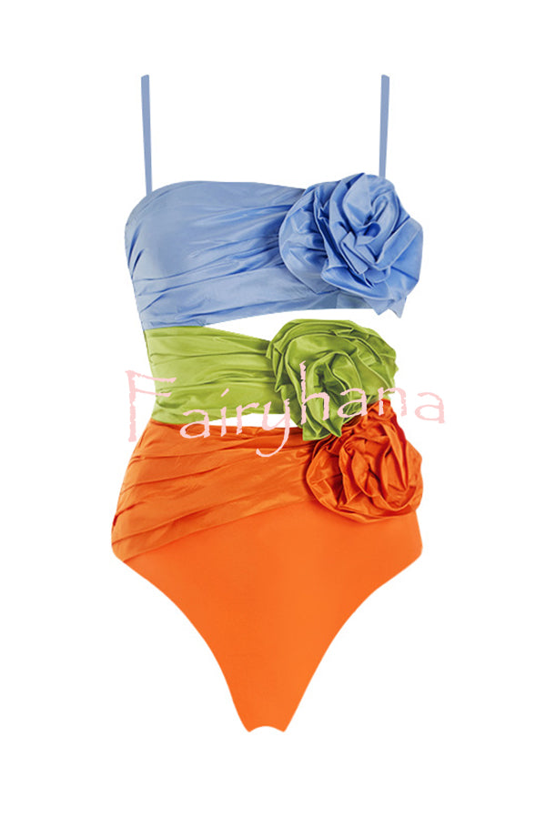 Fashionable Color-blocked Floral Decoration Hollow Stretch One-piece Swimsuit