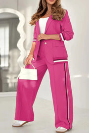 Solid Color Lapel Long Sleeve Loose Blazer and Elastic Waist Casual Pocket Wide Leg Pants Set