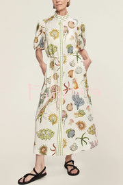 Beach Shell Print Puff Sleeve Tie-Waist Casual Midi Dress