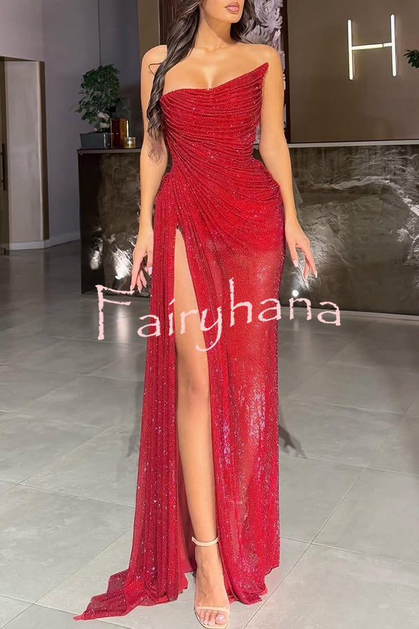 Lysette Sequin Pleated Design Irregular Off-shoulder Slit Drape Gown Maxi Dress